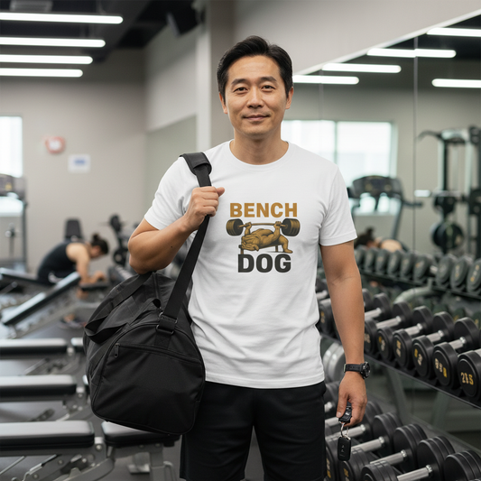 Man in a gym wearing a 'Bench Dog' t-shirt holding a black duffel bag.
