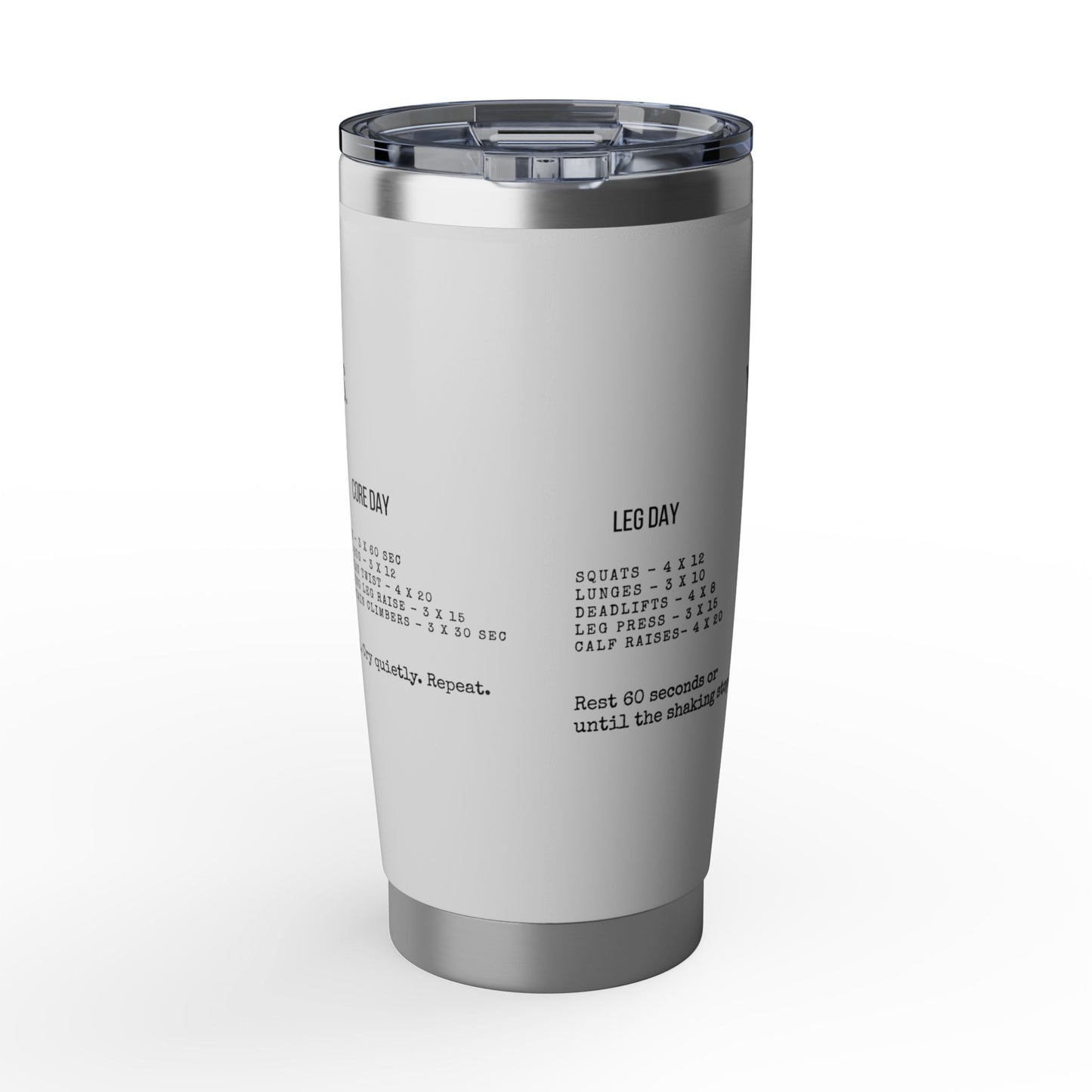 Silver tumbler with motivational text on a white background