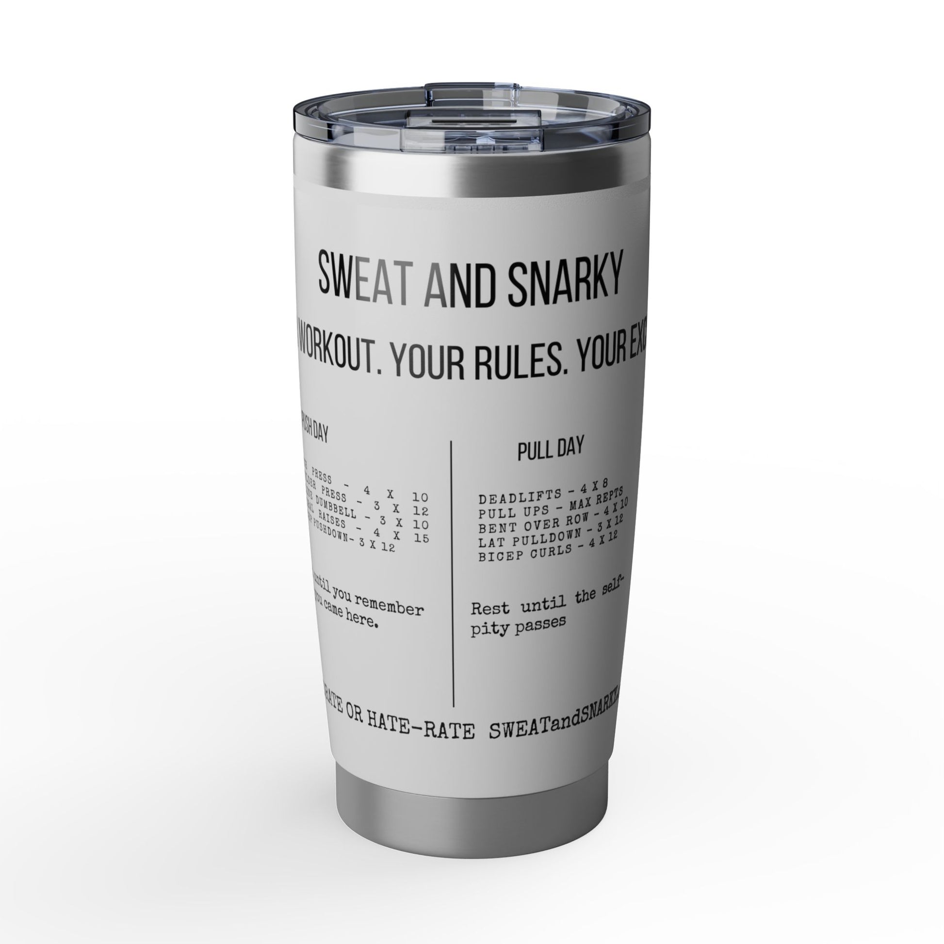 Silver tumbler with motivational text on a white background