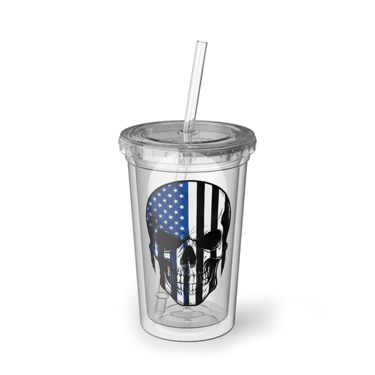 Clear tumbler with American flag skull design and straw on a white background