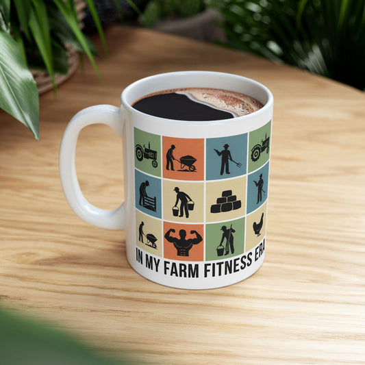 Mug with farm-themed design and text 'In My Farm Fitness Era' on a wooden table.