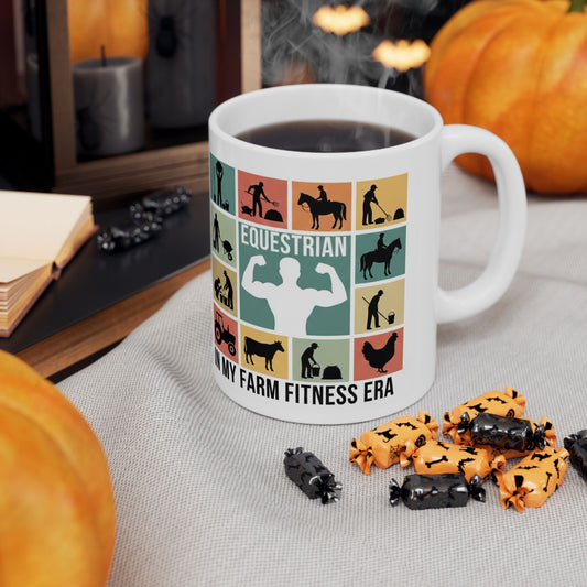 Mug with equestrian-themed design on a table with pumpkins and treats.