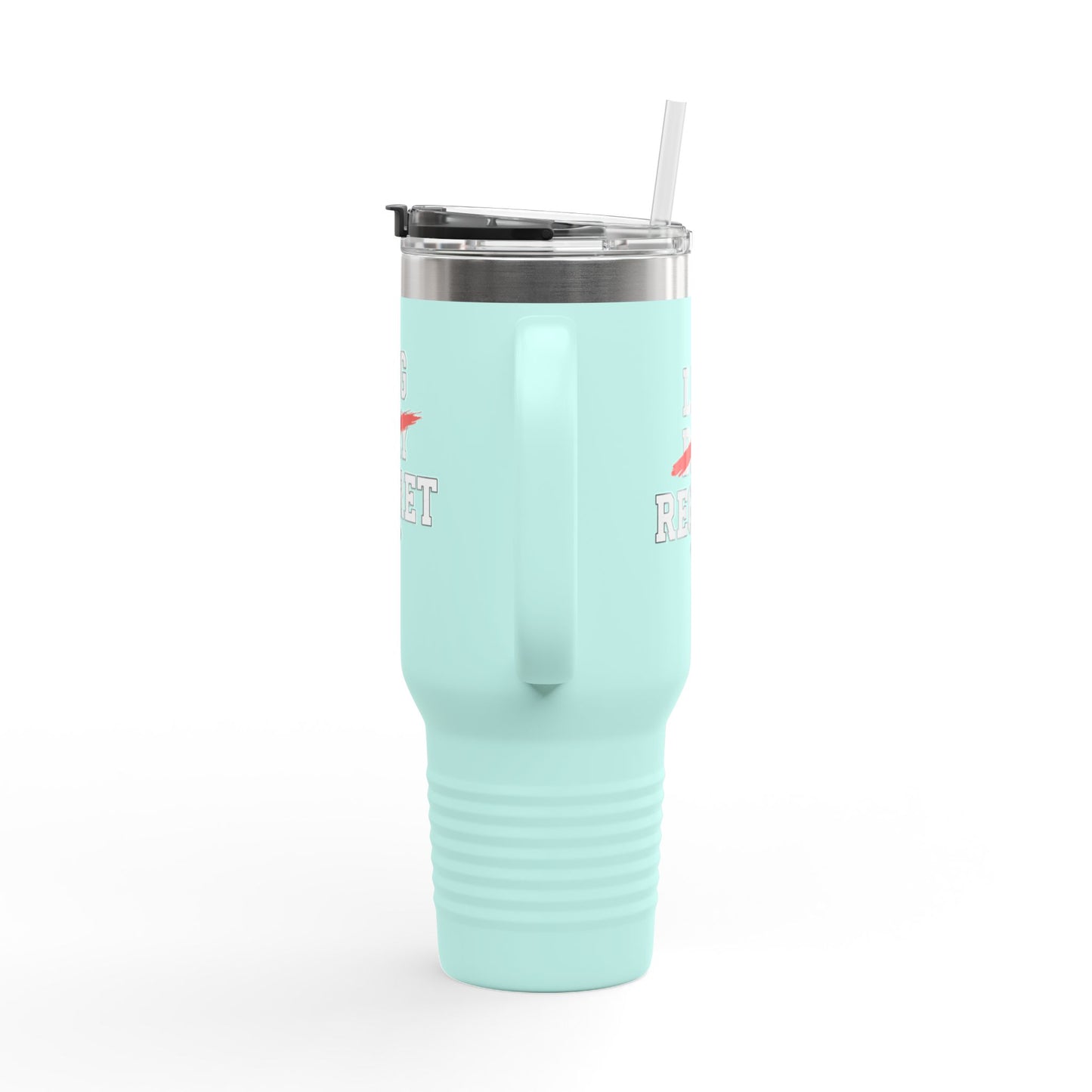Mint green tumbler with a straw on a white background