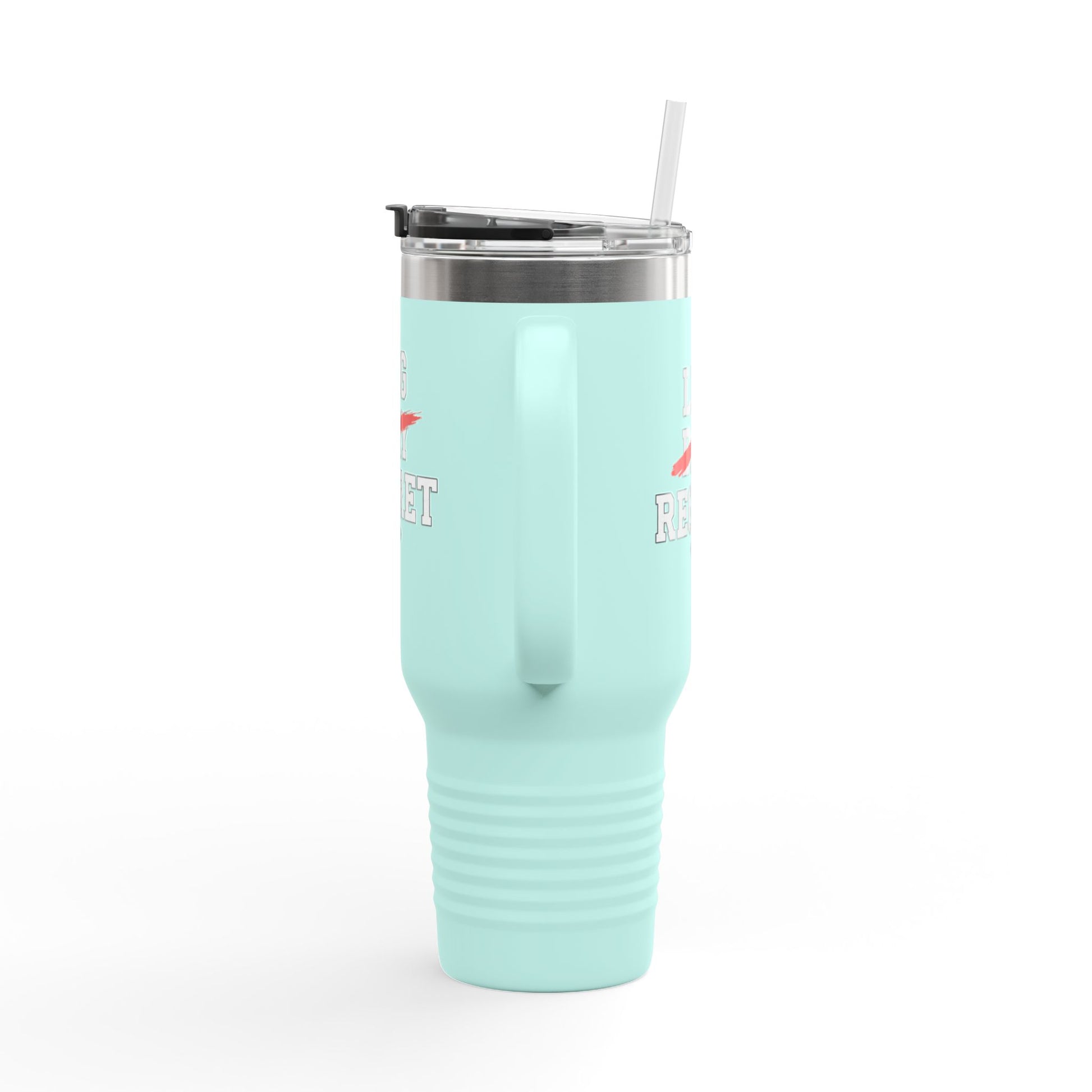 Mint green tumbler with a straw on a white background