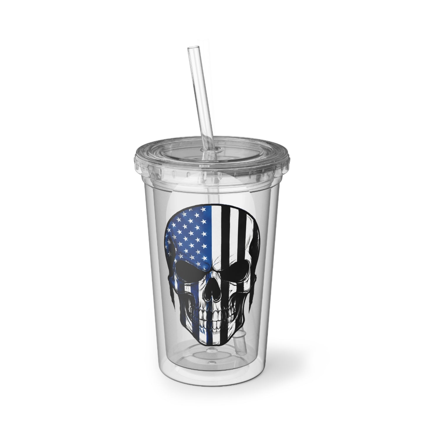 Clear tumbler with American flag skull design and straw on a white background