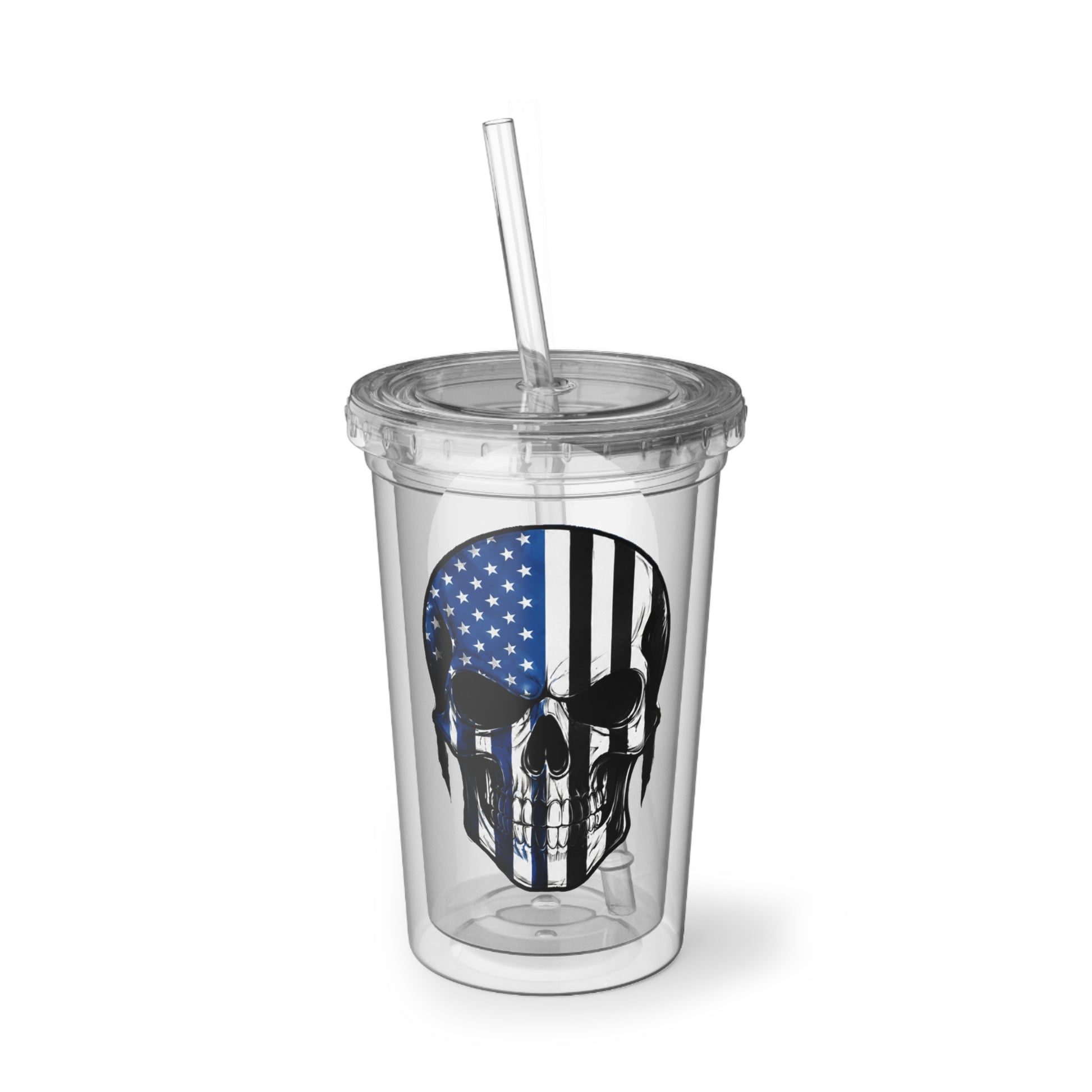 Clear tumbler with American flag skull design and straw on a white background