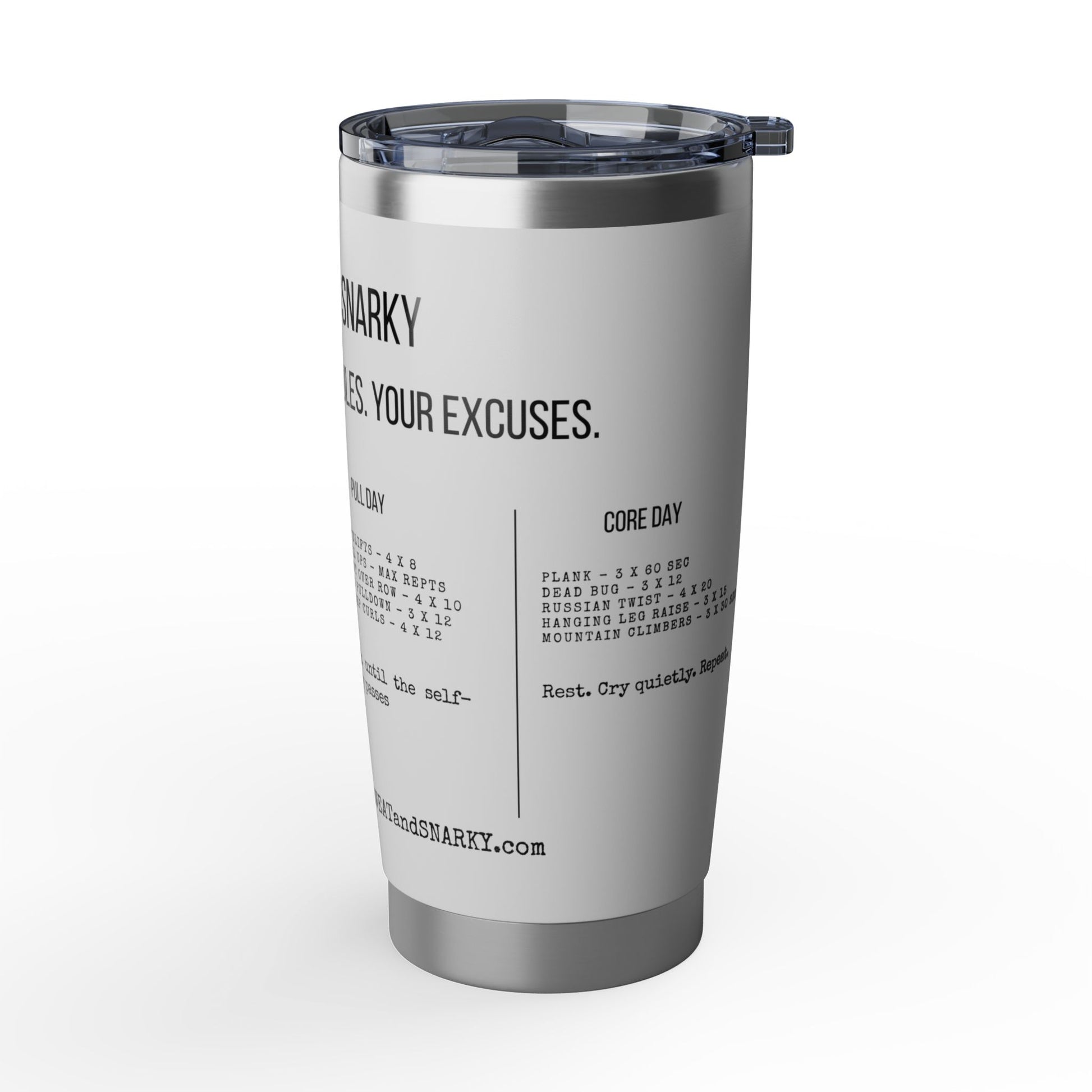 Silver tumbler with text on a white background