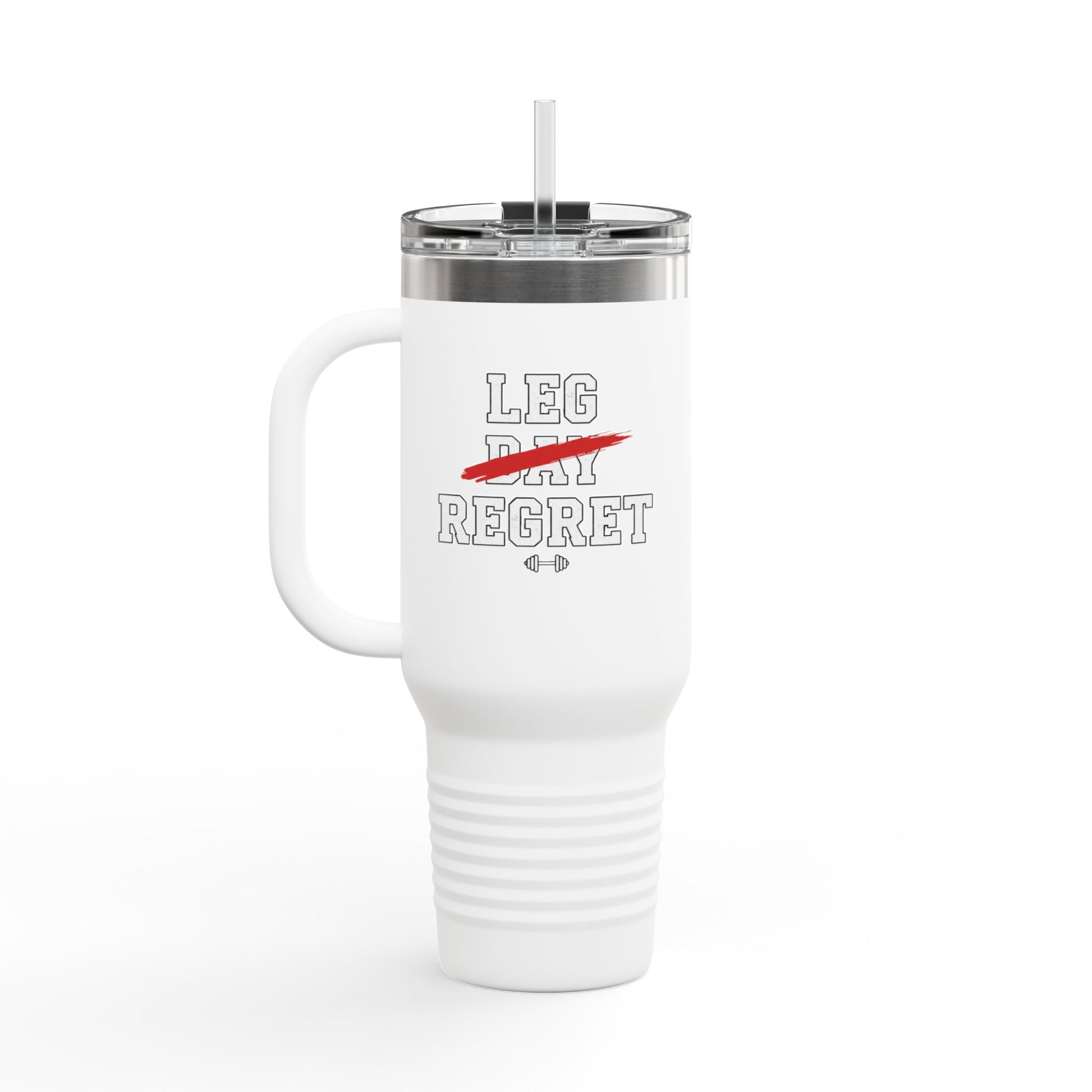 White travel mug with 'Leg Day Regret' text and red arrow on a white background