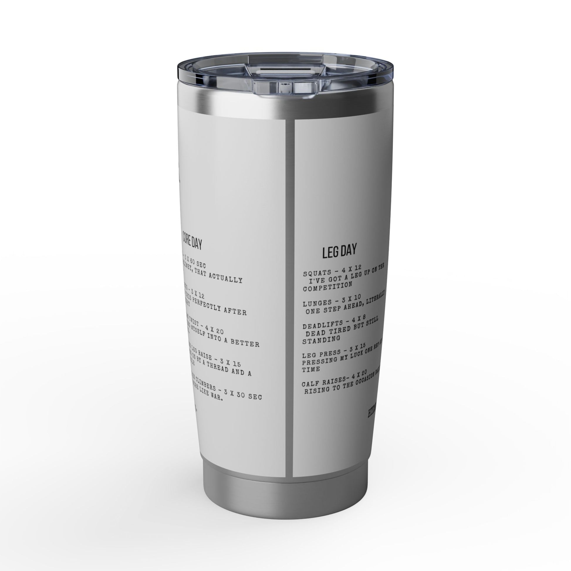 Silver tumbler with text on a white background