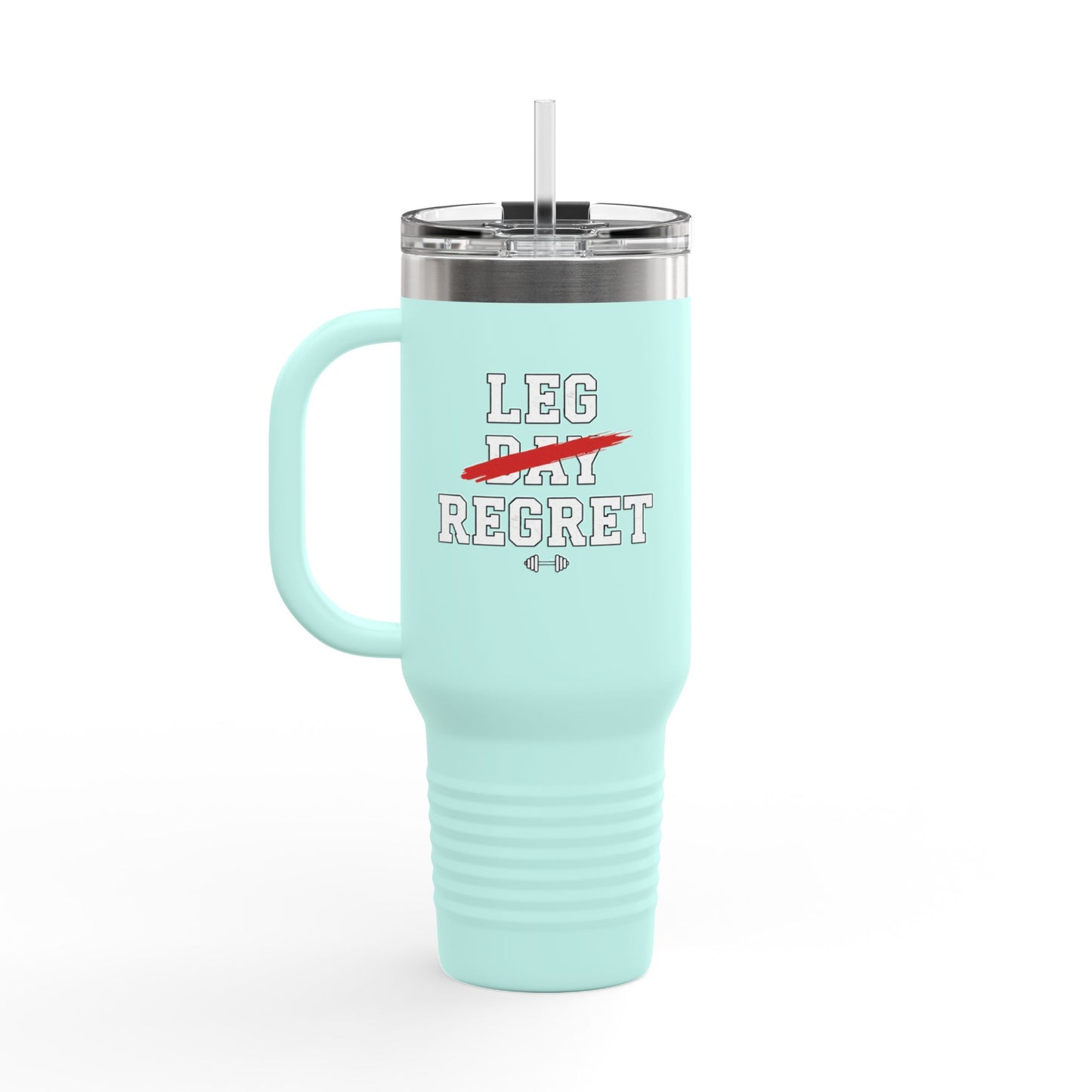 Light blue mug with 'Leg Day Regret' text on a white background
