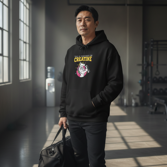 Person wearing a black hoodie with Unicorns Do Squats funny gym graphic.