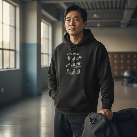 Person wearing a black hoodie with Gym Bandits sarcastic fitness graphic.