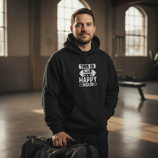 Person wearing a black hoodie with This Is My Happy Hour barbell gym graphic.