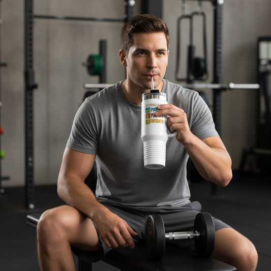 Man in a gym holding a white tumbler with a straw