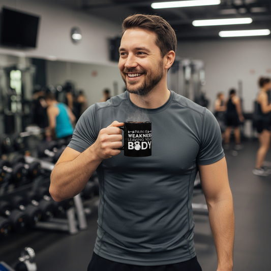 Person holding a mug with Pain Is Weakness Leaving the Body motivational gym text.