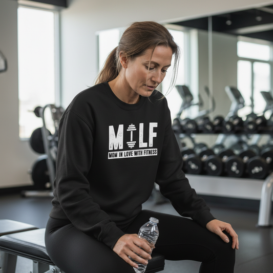 Woman sitting on a gym bench wearing a black sweatshirt with text, holding a water bottle.