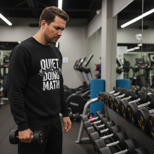 Man holding a dumbbell in a gym wearing a sweatshirt with text.