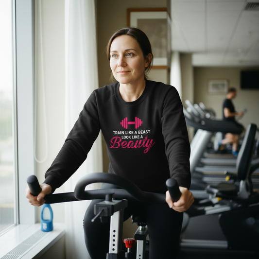 Woman exercising on a bike in a gym wearing a black sweatshirt with motivational text.