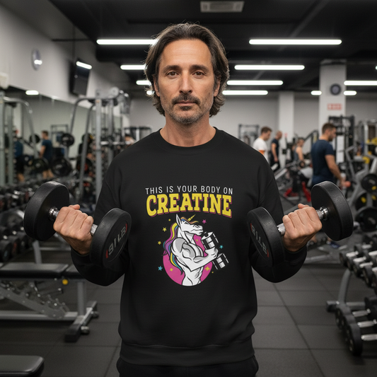 Person wearing a black sweatshirt with a unicorn lifting weights Creatine Unicorn graphic.