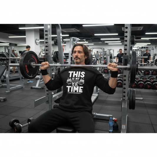 Person wearing a black sweatshirt with This Is My Me Time sarcastic self-care gym graphic.