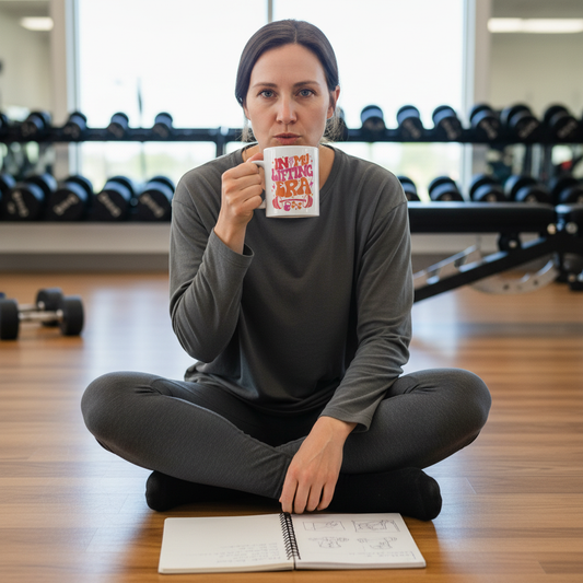 Woman sitting on the floor in a gym holding a mug with text.