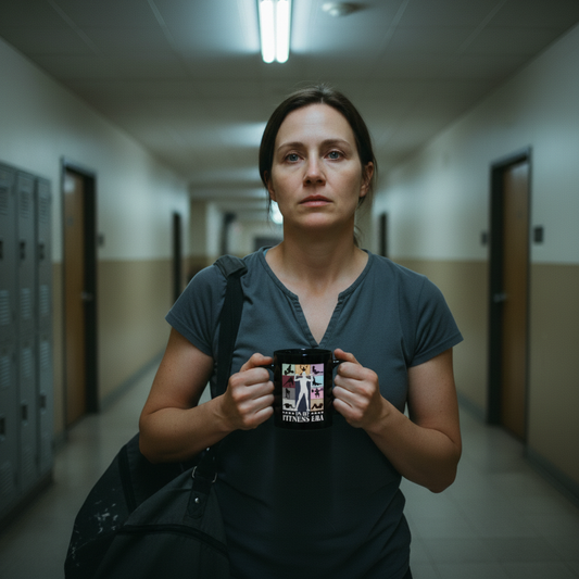 Woman holding a mug with a graphic design in a hallway