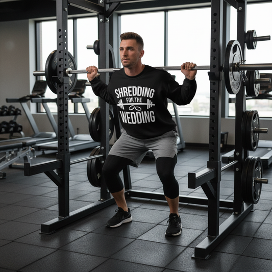 Person wearing a black sweatshirt with Shredding for the Wedding bridal fitness graphic.
