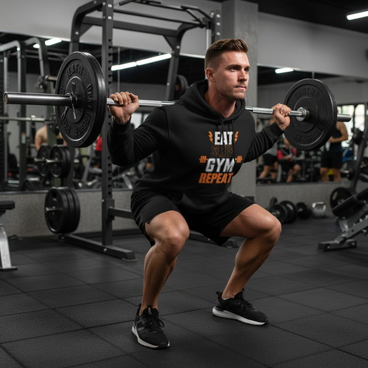 Man lifting weights with a gym-themed hoodie in a gym setting