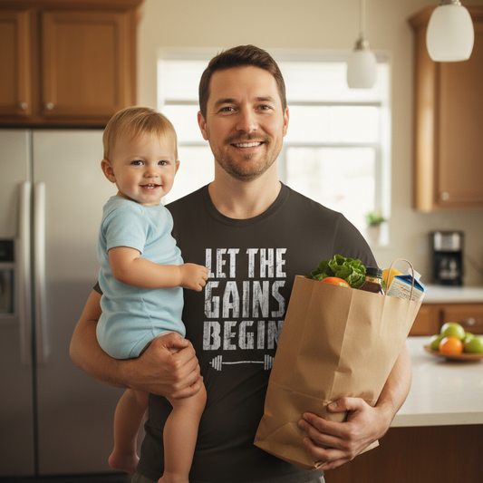 Person wearing a black t-shirt with Let the Gains Begin gym graphic.