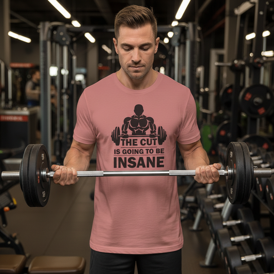 Person wearing a black t-shirt with The Cut Is Going to Be Insane bodybuilding humor graphic.