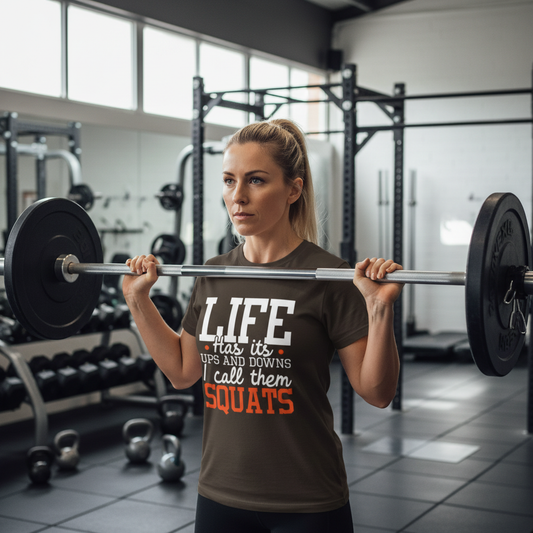 Woman lifting a barbell in a gym wearing a t-shirt with humorous text.