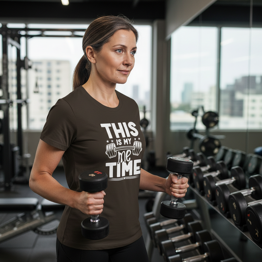 Woman holding dumbbells in a gym wearing a t-shirt with motivational text.