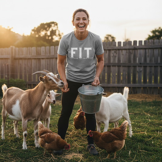 Person wearing a black t-shirt with FIT Farmer In Training agriculture humor graphic.