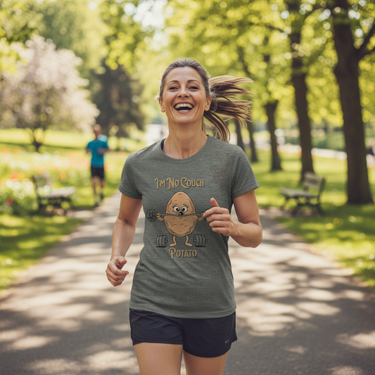 Person wearing a black t-shirt with I'm No Couch Potato sarcastic beginner gym graphic.