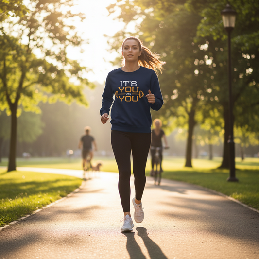 Person wearing a black sweatshirt with It's You vs You motivational gym graphic.