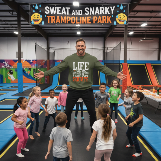 Person wearing a black sweatshirt with Life Has Ups and Downs I Call Them Squats gym text.