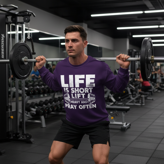 Person wearing a purple sweatshirt with Life is short lift heavy and Pray Often sweatshirt