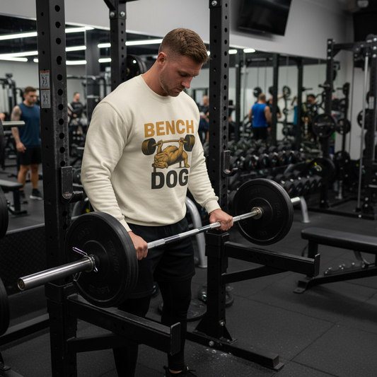 Person wearing a black sweatshirt with Bench Dog retro gym graphic.