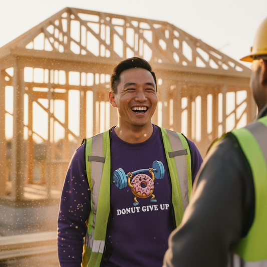 Two construction workers standing in front of a wooden building frame, one wearing a purple shirt with a donut graphic and text.