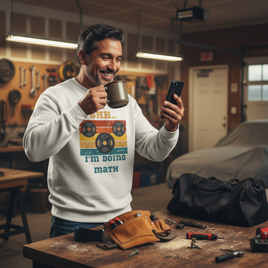 Man in a workshop holding a mug and phone, wearing a sweatshirt with a humorous design.