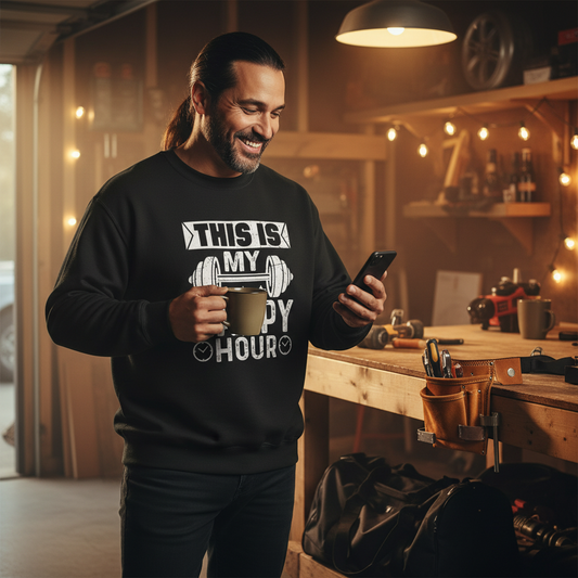 Man in a workshop wearing a sweatshirt with 'This is my happy hour' text, holding a mug and phone.