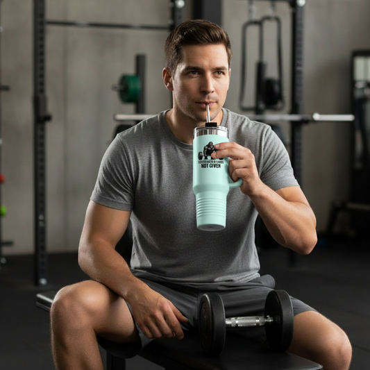 Man in a gym holding a light blue tumbler with a straw
