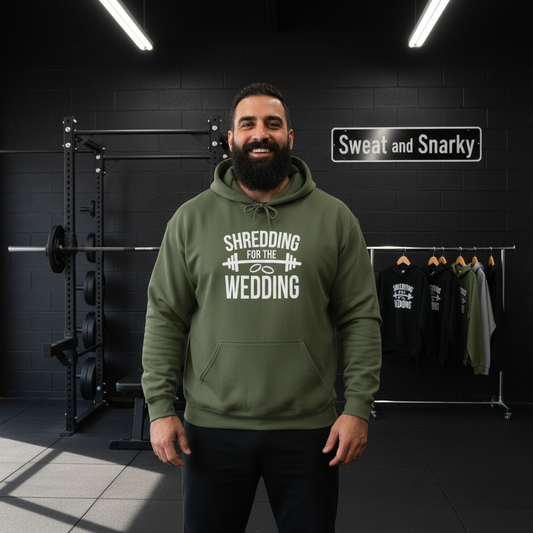 Man wearing a green hoodie with 'Shredding for the Wedding' text in a gym setting.