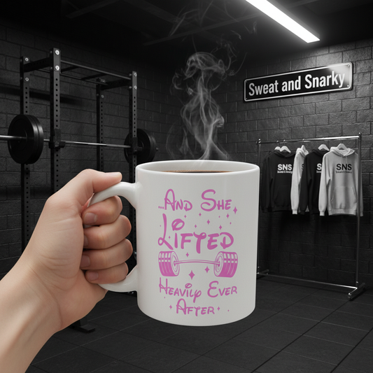 Hand holding a mug with text in a gym setting, featuring 'Sweat and Snarky' branding.