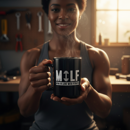 Person holding a mug with 'MILF' text in a home setting