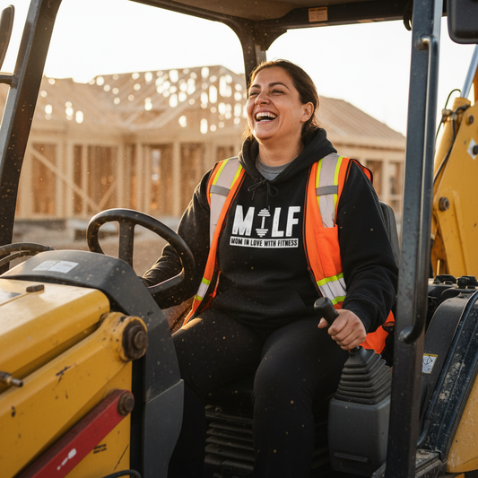 Person sitting on a piece of construction equipment wearing a high-visibility vest and a hoodie with visible text.