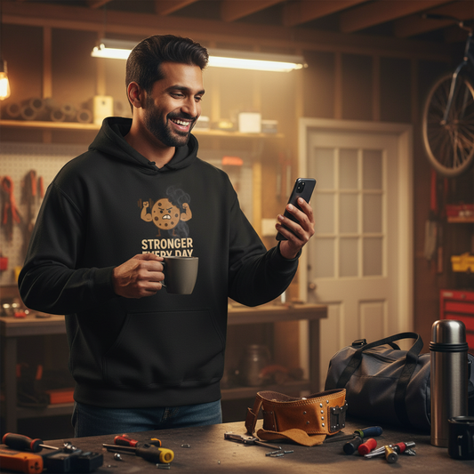 Man in a workshop wearing a hoodie with a motivational message, holding a phone.