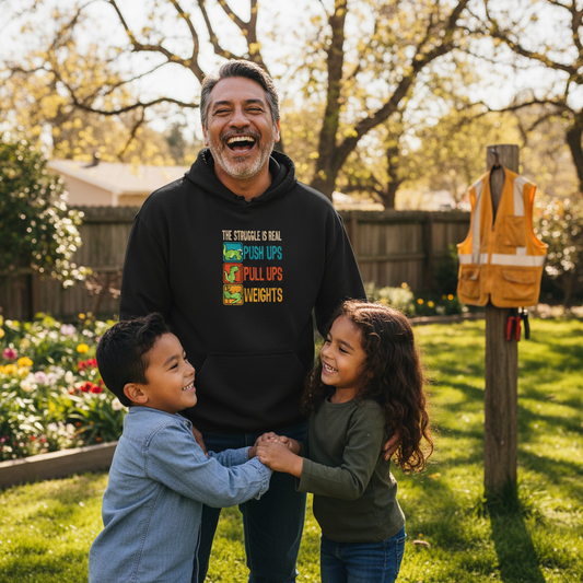 Man in a black hoodie with motivational text standing with two children in a garden.