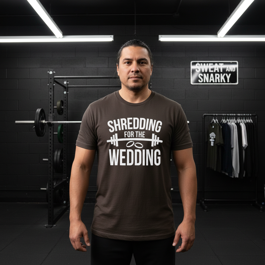Man wearing a t-shirt with 'Shredding for the Wedding' text in a gym setting.