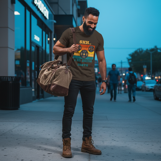 Man walking on a street at dusk, holding a bag and wearing a graphic t-shirt.
